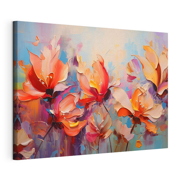 Schilderij van bloemen op een blauwe achtergrond Canvas Schilderijen Schilderij van bloemen op een blauwe achtergrond