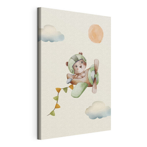 Aquarel van een teddybeer in een vliegtuig Canvas Schilderijen Aquarel van een teddybeer in een vliegtuig