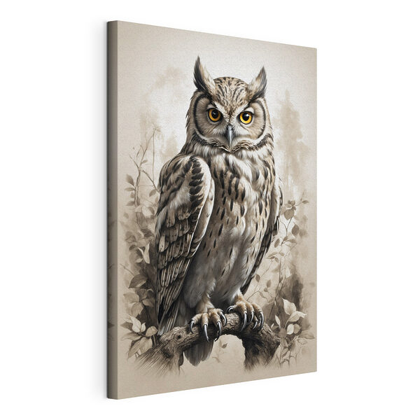 Vorstelijke uil neergestreken in bos Canvas Schilderijen Vorstelijke uil neergestreken in bos