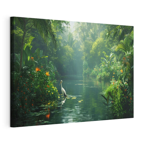 Serene jungle rivier met reiger Canvas Schilderijen Serene jungle rivier met reiger