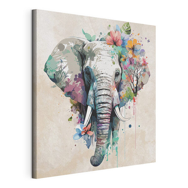 Olifant omringd door kleurrijke bloesems Canvas Schilderijen Olifant omringd door kleurrijke bloesems