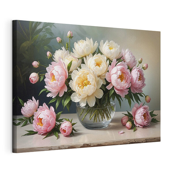 Pastelkleurige pioenrozen in glazen vaas Canvas Schilderijen Pastelkleurige pioenrozen in glazen vaas