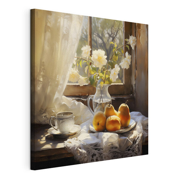 Canvas Schilderijen Gezellige ochtend met bloemen en fruit
