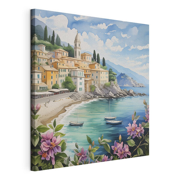 Schilderij van een stad op een strand met boten en bloemen Canvas Schilderijen Schilderij van een stad op een strand met boten en bloemen