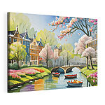 Canvas Schilderijen Schilderij van een rivier met boten en een brug en bomen