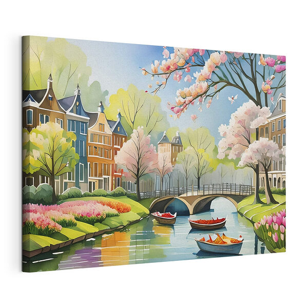 Schilderij van een rivier met boten en een brug en bomen Canvas Schilderijen Schilderij van een rivier met boten en een brug en bomen