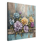Canvas Schilderijen Schilderij van bloemen op een houten richel