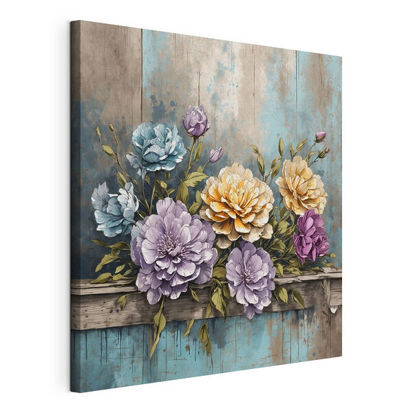 Schilderij van bloemen op een houten richel Canvas Schilderijen Schilderij van bloemen op een houten richel