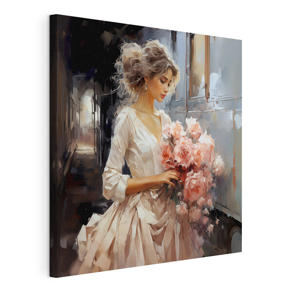 Vrouw met bloemen in een trein Canvas Schilderijen Vrouw met bloemen in een trein