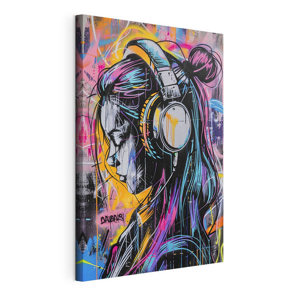 Graffiti van een vrouw met koptelefoon Canvas Schilderijen Graffiti van een vrouw met koptelefoon