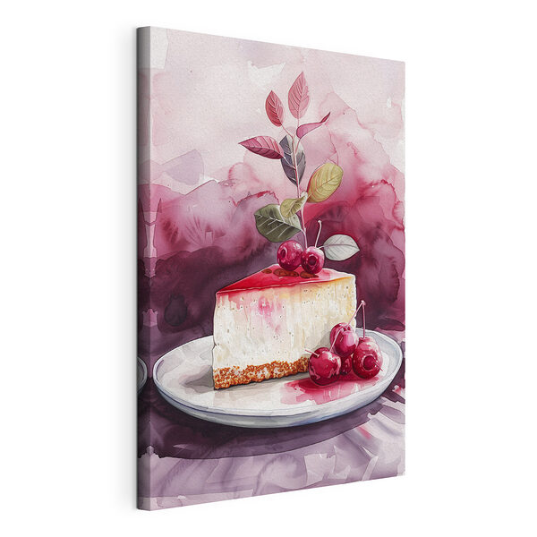 Stukje cheesecake met kersen erop Canvas Schilderijen Stukje cheesecake met kersen erop