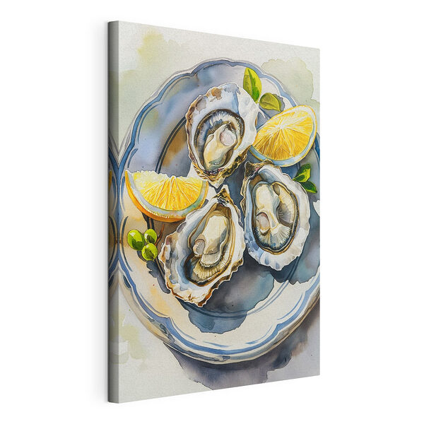 Canvas Schilderijen Bord oesters en citroenen