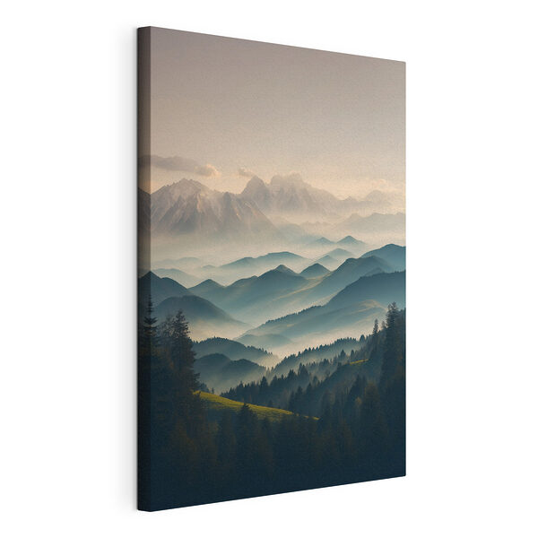 Canvas Schilderijen Bergketen met bomen en mist