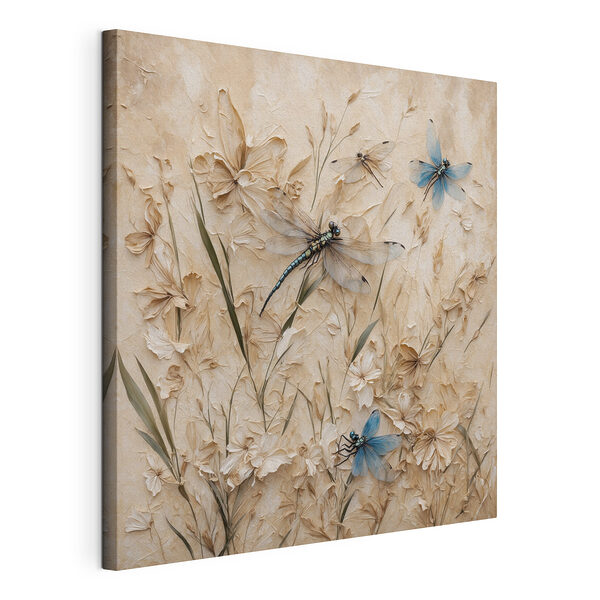 Libellen en bloemen op een muur Canvas Schilderijen Libellen en bloemen op een muur