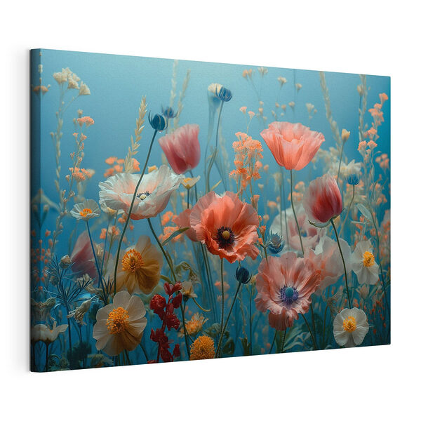 Canvas Schilderijen Groep bloemen in een veld