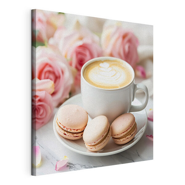 Canvas Schilderijen Kopje koffie en koekjes op een bord