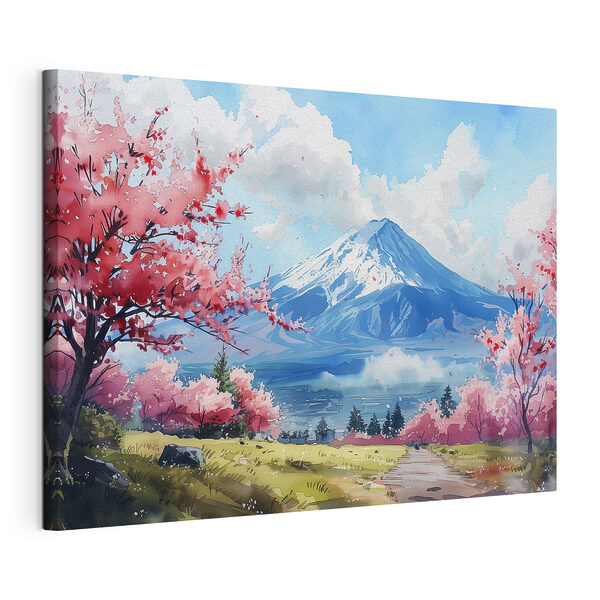 Berg met roze bloemen Canvas Schilderijen Berg met roze bloemen