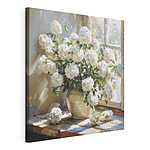 Canvas Schilderijen Vaas met witte bloemen voor een raam