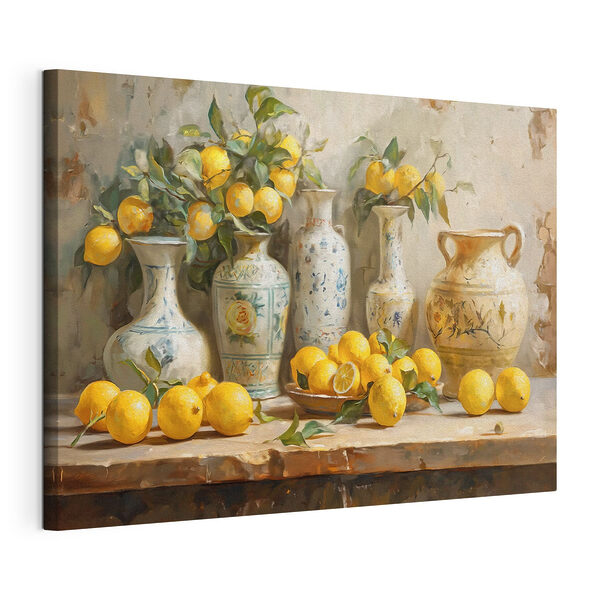 Schilderij van citroenen en vazen op een tafel Canvas Schilderijen Schilderij van citroenen en vazen op een tafel
