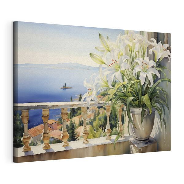 Canvas Schilderijen Schilderij van een balkon met uitzicht op een stad en een zee