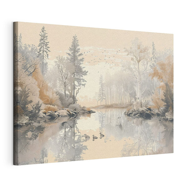 Meer met bomen en vogels Canvas Schilderijen Meer met bomen en vogels