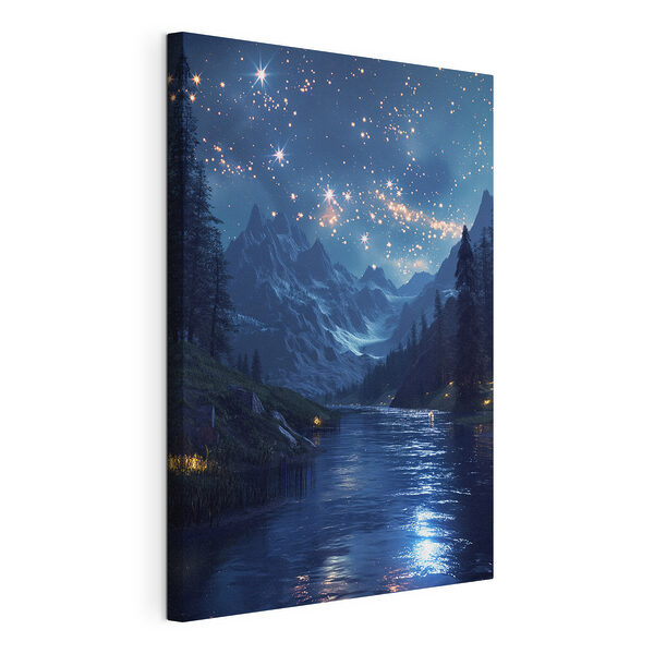 Canvas Schilderijen Rivier met bomen en sterren aan de hemel