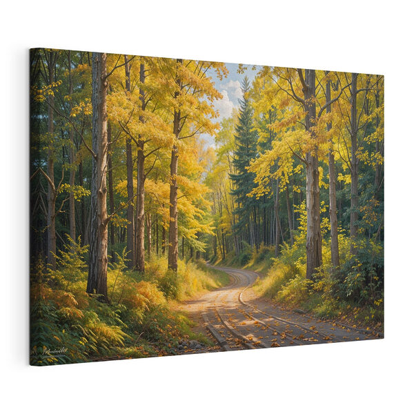Canvas Schilderijen Weg door een bos met gele bladeren
