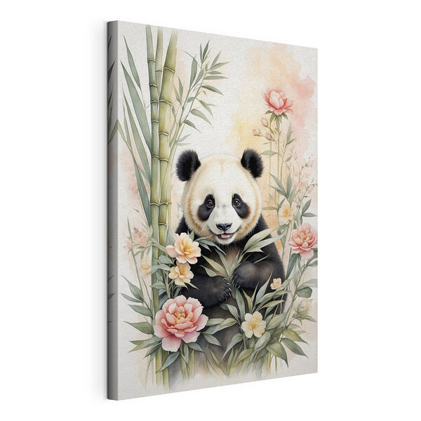Pandabeer met bloemen en bamboe Canvas Schilderijen Pandabeer met bloemen en bamboe