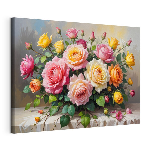 Canvas Schilderijen Boeket bloemen op een tafel