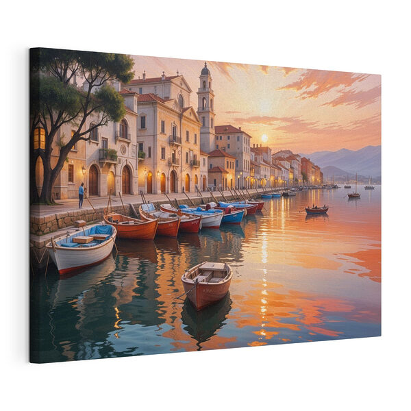 Canvas Schilderijen Boten op het water met gebouwen op de achtergrond
