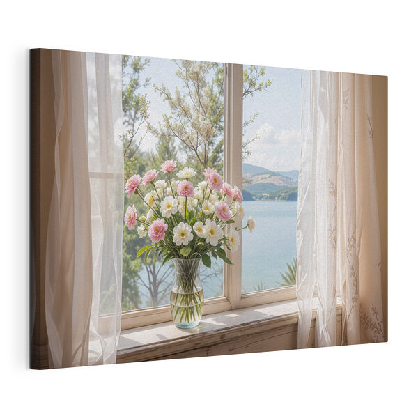 Canvas Schilderijen Vaas met bloemen voor een raam
