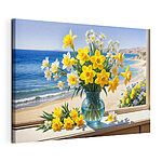 Canvas Schilderijen Vaas met gele en witte bloemen op een vensterbank