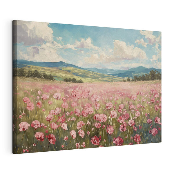 Canvas Schilderijen Veld met roze bloemen