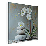 Canvas Schilderijen Schilderij van een plant en een stapel rotsen