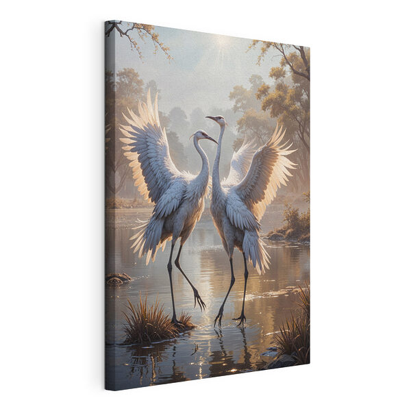 Paar witte kraanvogels in een vijver Canvas Schilderijen Paar witte kraanvogels in een vijver