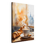 Canvas Schilderijen Kopje koffie en croissants op een tafel
