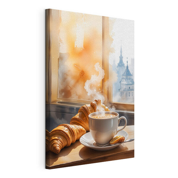 Canvas Schilderijen Kopje koffie en croissants op een tafel