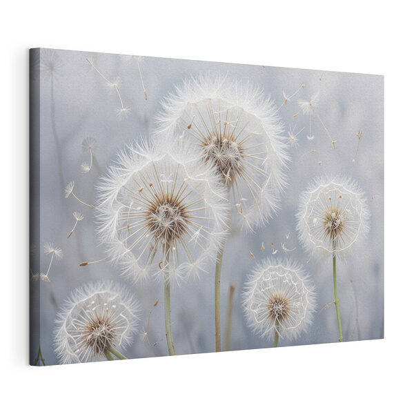 Groep paardenbloemen met vliegende zaden Canvas Schilderijen Groep paardenbloemen met vliegende zaden