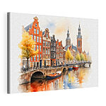Canvas Schilderijen Aquarel van een kanaal met boten en gebouwen