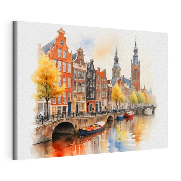 Aquarel van een kanaal met boten en gebouwen Canvas Schilderijen Aquarel van een kanaal met boten en gebouwen