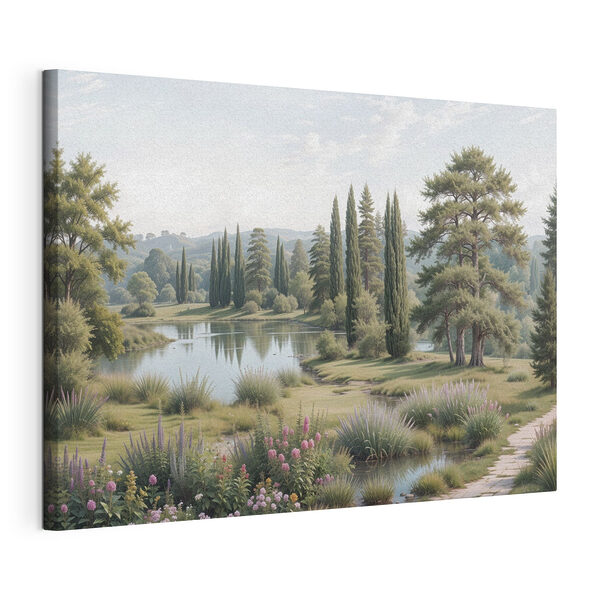 Meer met bomen en gras en bloemen Canvas Schilderijen Meer met bomen en gras en bloemen