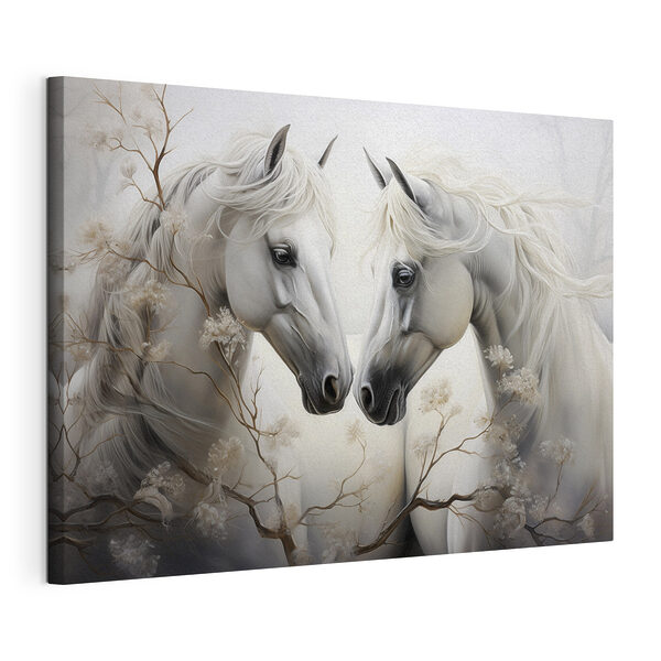 Twee witte paarden met lange manen Canvas Schilderijen Twee witte paarden met lange manen