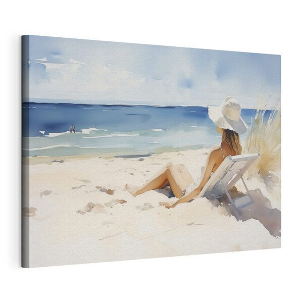 Vrouw zittend in een stoel op een strand Canvas Schilderijen Vrouw zittend in een stoel op een strand