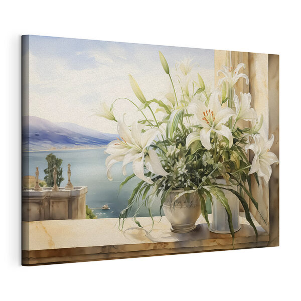Canvas Schilderijen Schilderij van een witte bloempot met witte bloemen