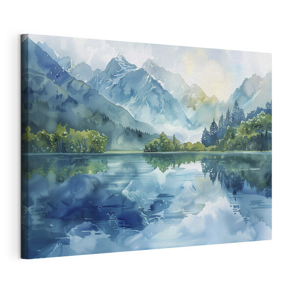 Canvas Schilderijen Waterschilderij van een meer met bomen en bergen op de achtergrond