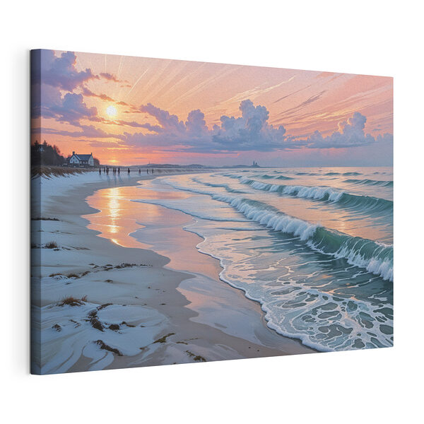 Canvas Schilderijen Strand met golven en mensen erop