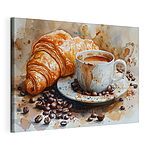 Canvas Schilderijen Aquarel van een kop koffie en een croissant