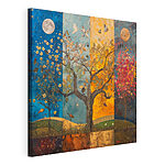 Canvas Schilderijen Schilderij van een boom met verschillende kleuren bomen en vogels
