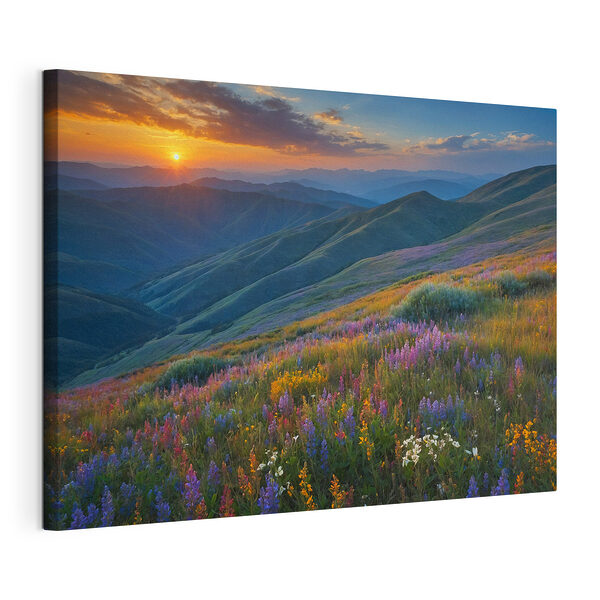 Canvas Schilderijen Bloemenveld op een berg