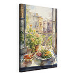 Canvas Schilderijen Aquarel van een tafel met eten en bloemen voor een raam